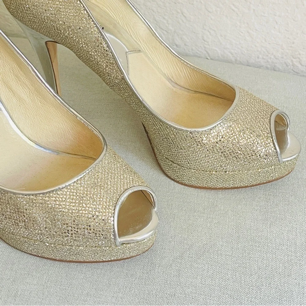 Michael Kors MK Women’s Silver Glitter Peep Toe Heels Shoes Size 7.5M - Picture 7 of 12